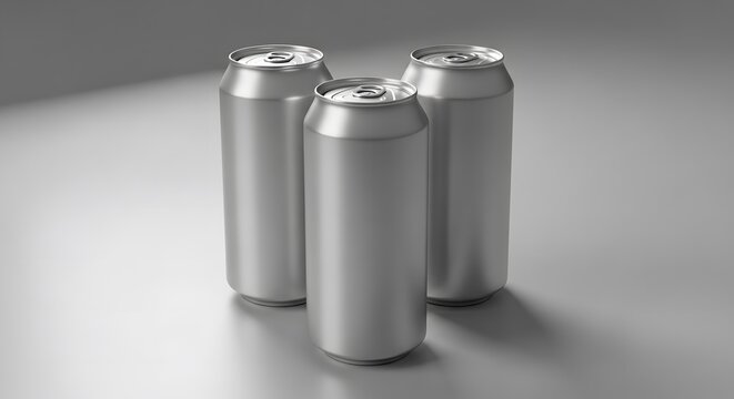 Three identical silver cans arranged in a triangular formation on a plain surface. bierdose