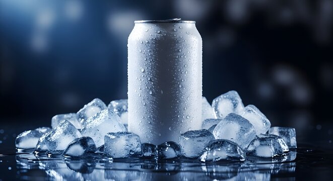 Two cans emerging from a base of ice cubes in a reflective container. bierdose