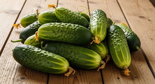 Fresh green cucumbers neatly arranged on a wooden surface. concombres