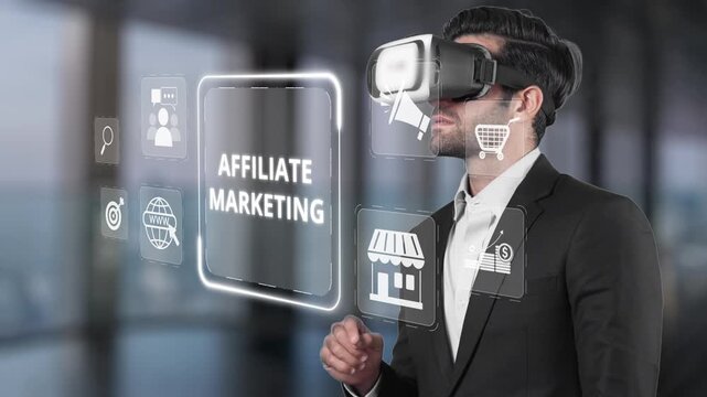 A businessman explores affiliate marketing using virtual reality glasses in a modern office. This image highlights innovation and engagement in digital business strategies. Raster