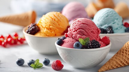 Bright, colorful ice cream scoops in bowls, topped with berries and waffle cones, sit on a white surface.