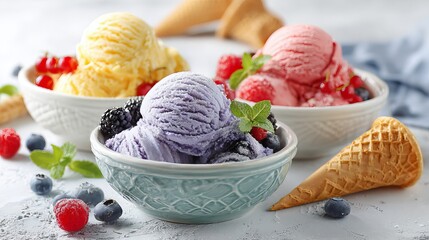Bright, colorful ice cream scoops in bowls, topped with berries and waffle cones, sit on a white surface.