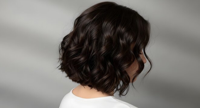 Back view of young brunette with short curly hair on gray background. Her hairstyle is a bob