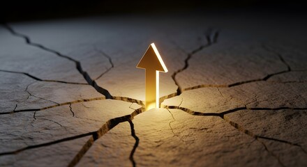 Fototapeta premium A powerful golden arrow emerges from cracked earth, illuminated by a warm glow, symbolizing breakthrough, resilience, and upward progression against dark backdrop