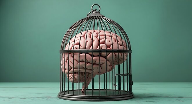 A brain trapped inside a metal birdcage on a green background representing mental confinement usa flag