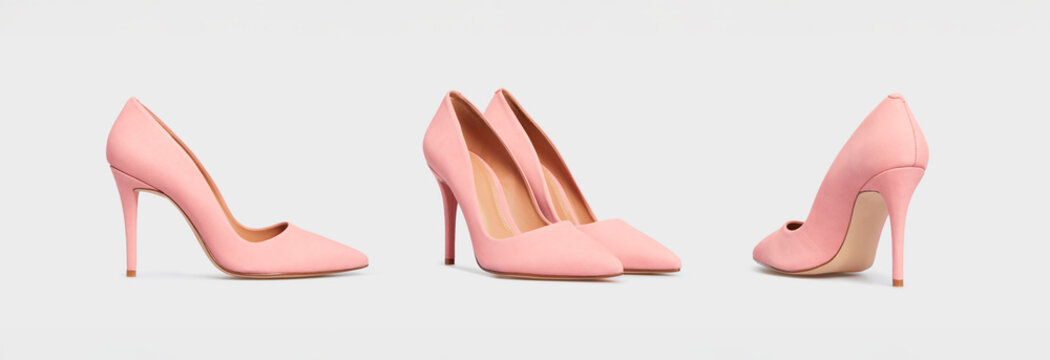 Set of light pink pointy toe women's shoes with high heels isolated on white background. Female classic stiletto heels in suede leather. Mock up, template
