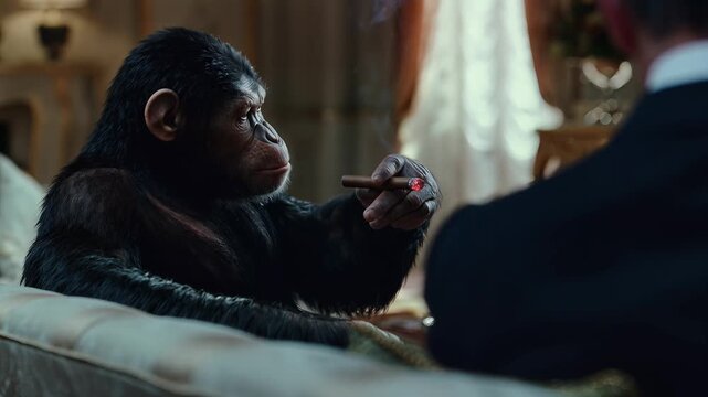 A chimpanzee sits on a couch talking to a man in a suit.