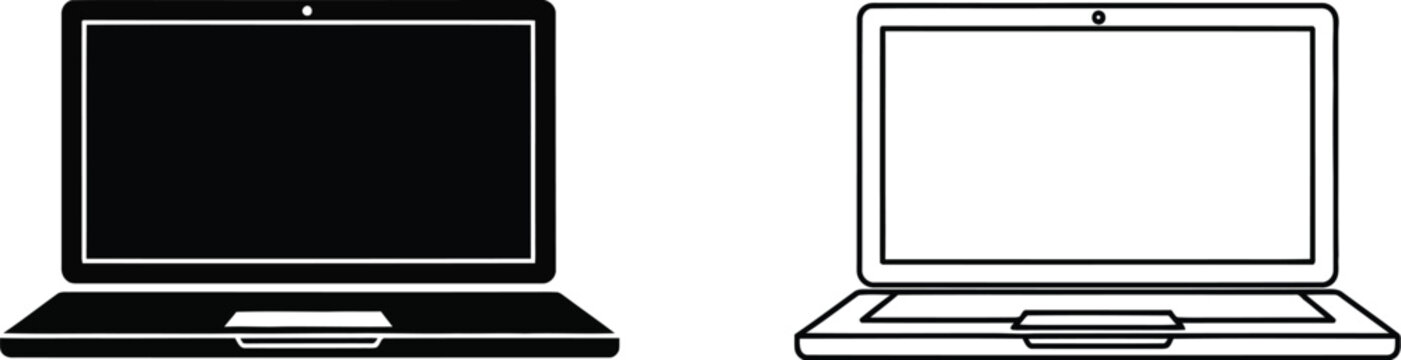 Laptop computer black and white line art illustration isolated on transparent background, Vector