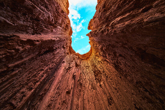 Upward View of Red Slot Canyon Walls and Blue Sky Cathedral Gorge State Park Nevada