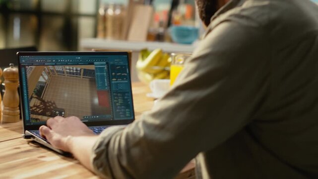Interior designer working on architectural CAD software on laptop, creating layout and measurements with detailed blueprints. Taking measurements and drafting functional property model.