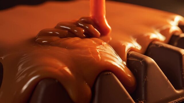 Molten caramel pouring over a stack of rich chocolate bars