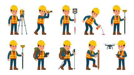 Fototapeta premium Flat land surveyor vector character set displaying professional engineer with drone, total station, gps pole, and spray paint for civil engineering and topographic map projects.