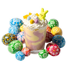 A colorful assortment of easter eggs and a basket filled with pastel-colored eggs. isolated on transparent background