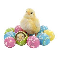 Chicks and colorful easter eggs on a white background isolated on transparent background