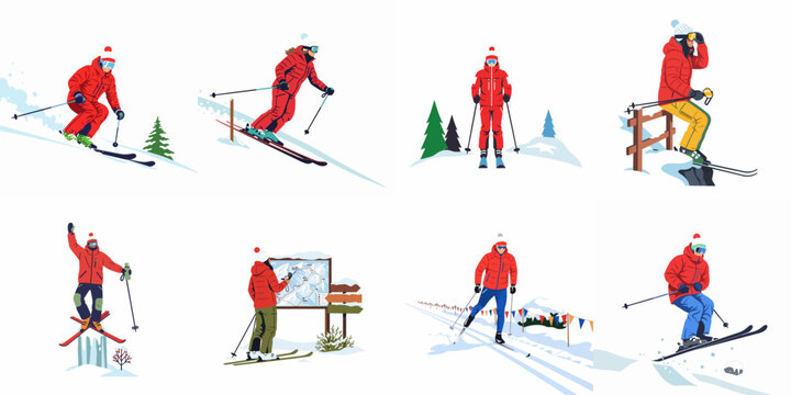Set of Illustrations Featuring People in Winter Gear Engaged in Various Skiing Activities on Snow-Covered Mountains and Slopes.