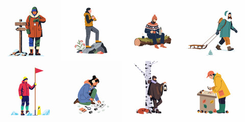 Fototapeta premium Collection of diverse people enjoying outdoor adventures, hiking, and camping activities in nature across different seasons and weather conditions.