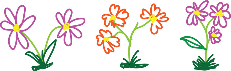 Colorful hand-drawn flower set with bright petals and green stems for spring and nature design

