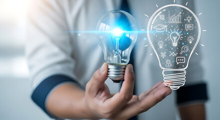 Businessman holding a glowing light bulb next to a digital holographic projection, symbolizing creative ideas, business innovation, and technological solutions