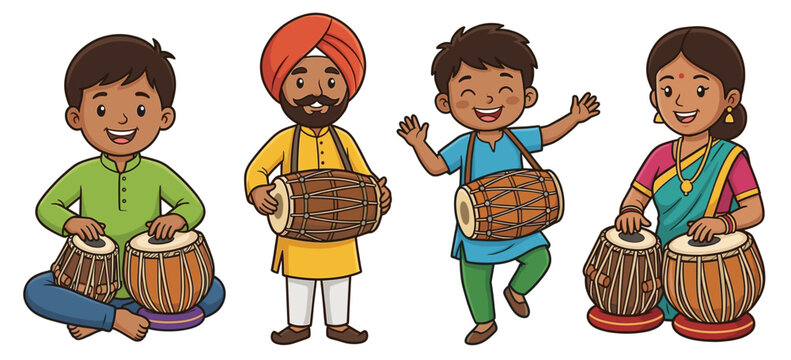 Cute vector illustration of Indian people in traditional attire playing tabla and dholak. Happy Sikh man, women, and children enjoying folk music and percussion instruments.