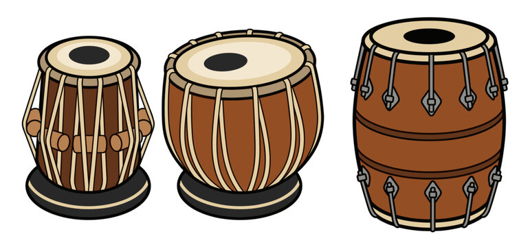 Detailed vector illustration of traditional Indian percussion instruments featuring a pair of tabla drums and a wooden dholak isolated on white background for musical design.