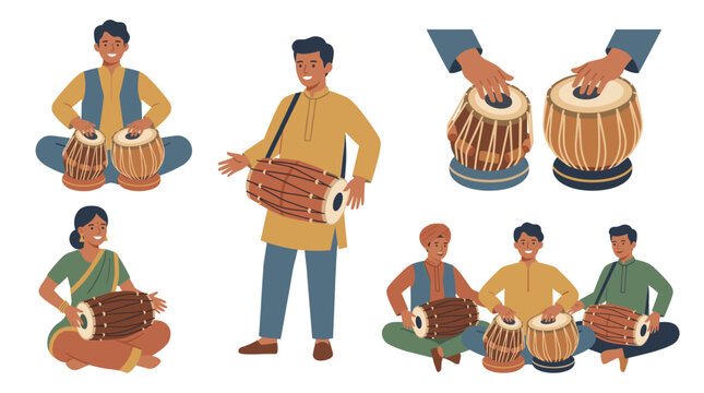 Flat vector illustration of Indian musicians playing traditional tabla and dholak drums. Diverse people enjoying cultural folk music performance with percussion instruments.