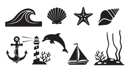 Black and white ocean icons including waves, shells, starfish, seashell, dolphin, and sailboat on white background © Mofizul