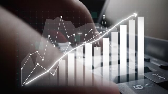 Visual representation of financial growth featuring a chart overlayed on a keyboard, symbolizing data analytics, business strategy, and economic development. Copula