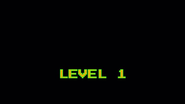 Retro Arcade Style Level 1 Game Start Screen Animation with Green Pixelated Text 4k video animation seamless loop