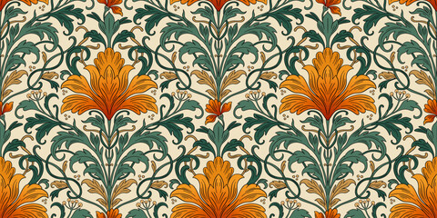 Art Nouveau Seamless Pattern With Vintage Iris Flowers And Antique Ornamental Leaves © trihubova