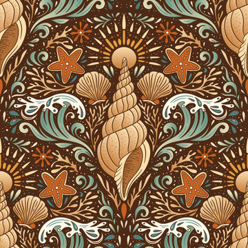 Vintage Boho Shell Seamless Pattern Starfish Wave Sun Seashell Coastal Intricate Sea Summer Background