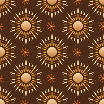 Vintage Boho Sun Seamless Pattern Ornamental Rays And Decorative Celestial Motif Background
