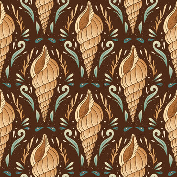 Vintage Boho Shell Seamless Pattern Seashell  Ornamental Sea Motif Decorative Coastal Textile Background