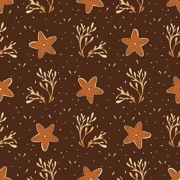 Vintage Starfish Seaweed Coastal Seamless Pattern Ornamental Marine Summer Beach Motif