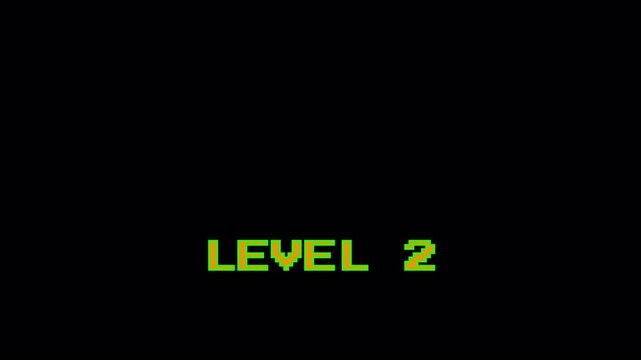 Level 2 Green Pixelated Text Animation with Retro Bit Arcade Aesthetic on Solid Black Background for Classic Video Game Themes 4k video animation seamless loop