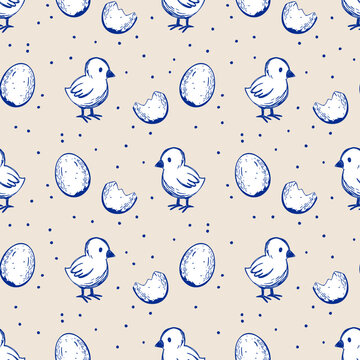 Farm Chick Eggs Seamless Pattern Chick Eggs Dots Chicken Rustic Doodle Livestock Vector