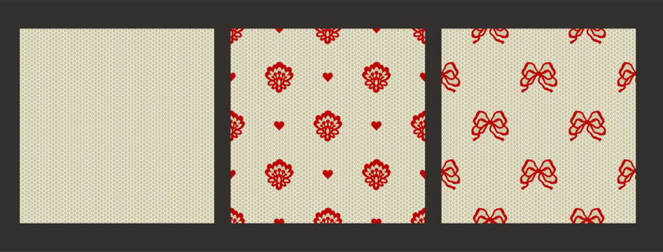 Lace Vintage Flower Heart Ribbon Bow Seamless Pattern Set Ornate Coquette Girly Vector Background. Retro Romantic Valentines Guipure