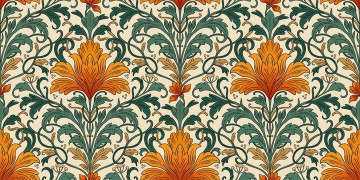 Art Nouveau Seamless Pattern With Vintage Iris Flowers And Antique Ornamental Leaves