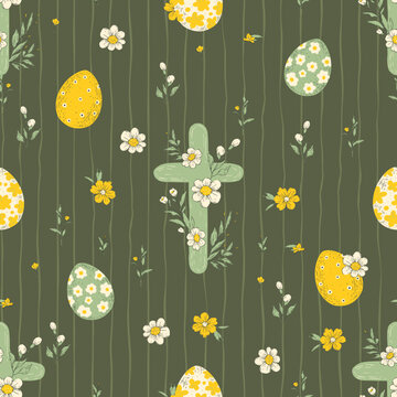 Easter Religious Cross Seamless  Pattern Christian Cross Eggs Flowers Handdrawn Spring Background