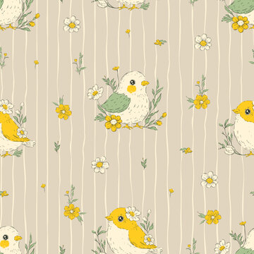 Birds Seamless Pattern With Flowers And Stripes Whimsical Handdrawn Spring Folk Background