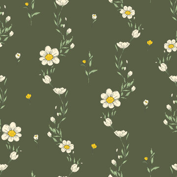 Whimsical Meadow Flower Branches Seamless Pattern With Wildflower Botanical Floral Background