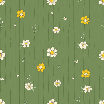Whimsical Tiny Daisy Flower Seamless  Pattern With Stripes Floral Spring Summer Background