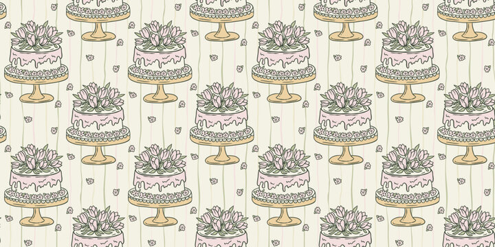 Birthday Greeting Cake Seamless Vector Pattern &ndash; Floral Tulips, Striped Cottagecore Spring Design