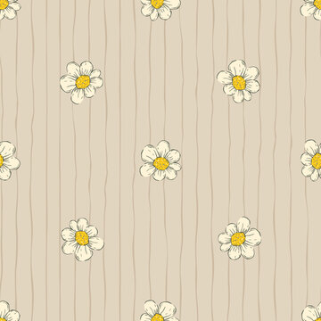 Whimsical Tiny Daisy Flower Seamless  Pattern With Stripes Floral Spring Summer Background