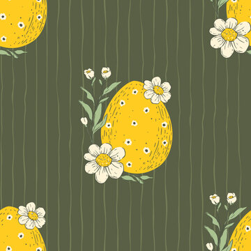 Easter Eggs Whimsical Vintage Seamless Pattern With Flowers Floral Ornament Handdrawn Spring Holiday Vecto