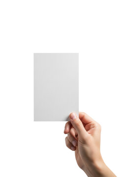 Clean, fair-skinned professional hand (mid-30s) gently holding a blank, vertical white a7 matte card mockup in a high-key, minimalist studio environment. Sharp focus presentation template concept