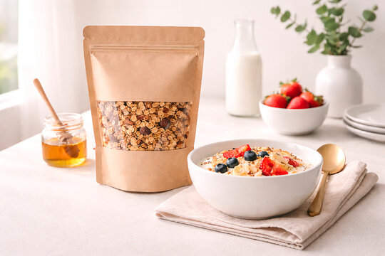 Granola packaging mockup with healthy breakfast bowl and berries, organic food product presentation