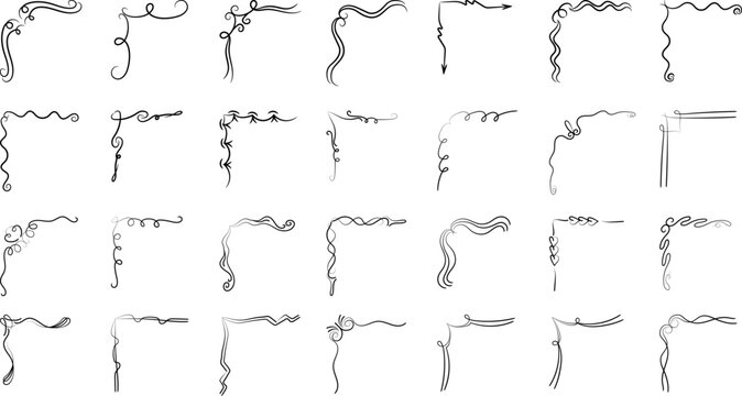 Set of hand-drawn vector doodle corners. Elegant vintage swirling borders and decorative frame elements for wedding invitations and greeting cards.