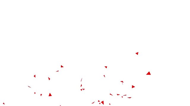 red confetti explosion and falling triangular paper fragments on white background, minimalist celebration burst, 4K motion graphics of scattered festive particles for party and events