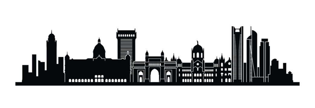 Mumbai skyline vector black silhouette. Amazing India cityscape illustration featuring famous historical landmarks, Gateway of India, Taj hotel and modern urban skyscrapers art.