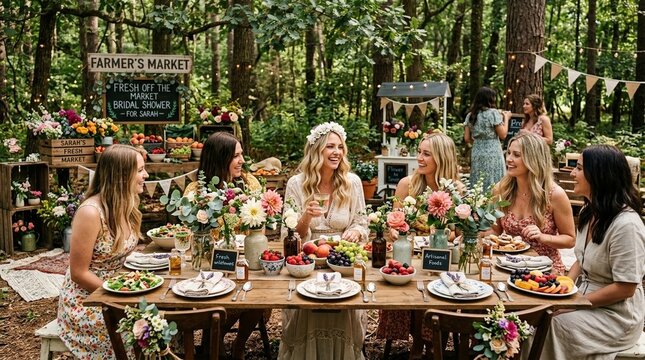 Outdoor bridal shower at a rustic farmers market table in a forest setting, friends share food and flowers, warm joyful celebration mood